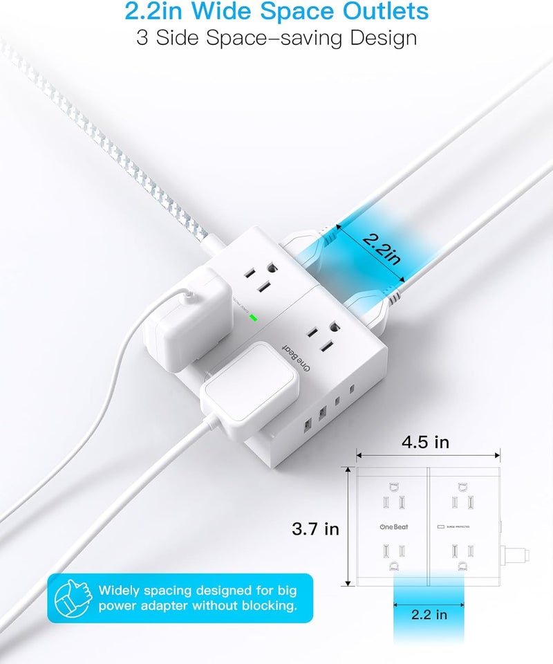 One Beat Surge Protector Power Strip 20 Ft Cord, Ultra Thin Flat Extension Cord with 8 Outlets 4 USB Ports(2 USB C), Flat Plug Power Strip, 20 Ft Long Braided Power Cord for Home, Office, Dorm Room Essentials - Image 2